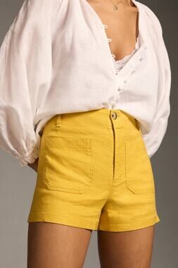 Anthropologie Maeve Colette Shorts 28P Linen Blend Mustard Yellow Patch Pockets